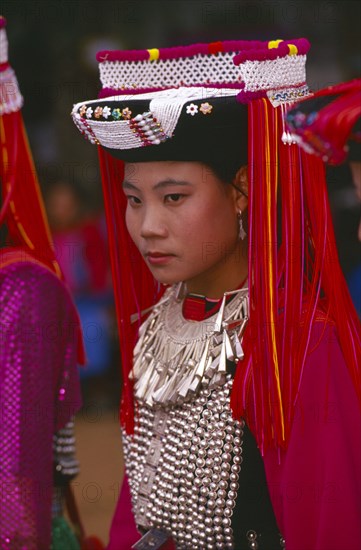 THAILAND, Chiang Rai Province, Huai Khrai, Portrait of a Lisu woman wearing her New Year finery