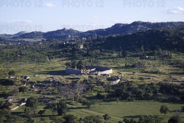 ZIMBABWE, Landscape, Aerial view over Great Zimbabwe Ruins.
