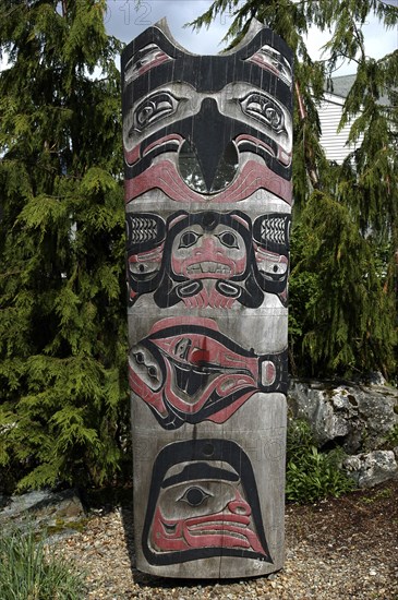 USA, Alaska, Ketchikan, Carved wooden Totem pole