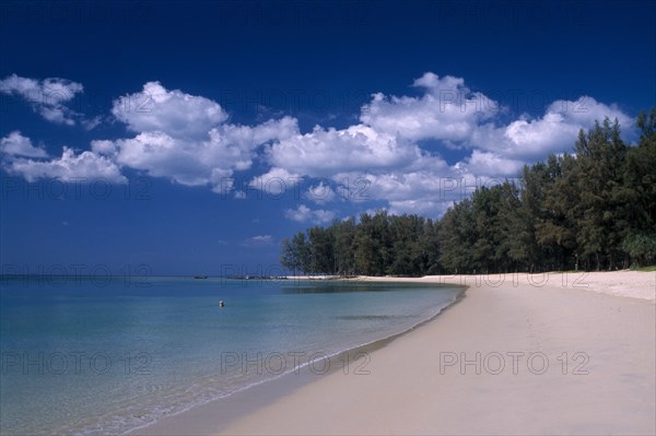THAILAND, North Phuket, Naiyang Beach, "View along the empty sandy beach with tall trees, a single swimmer in the sea."