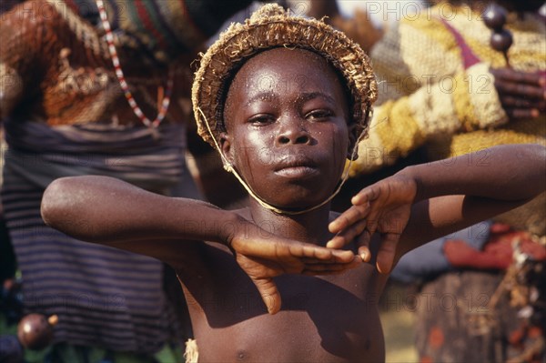 CONGO, Gungu, Young Bapende dancer at Gungu festival.