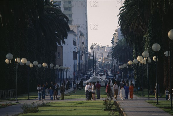 MOROCCO, Rabat, City centre and Avenue Mohammed V lined by trees and street lights.