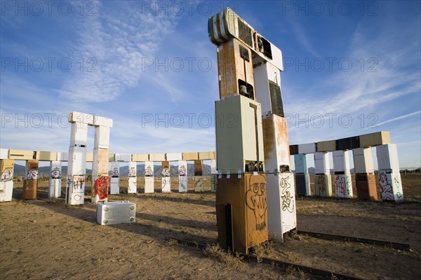 USA, New Mexico, Santa Fe, Stonefridge a life sized replica of Stonehenge made out of recycled fridges by local artist and filmmaker Adam Horowitz