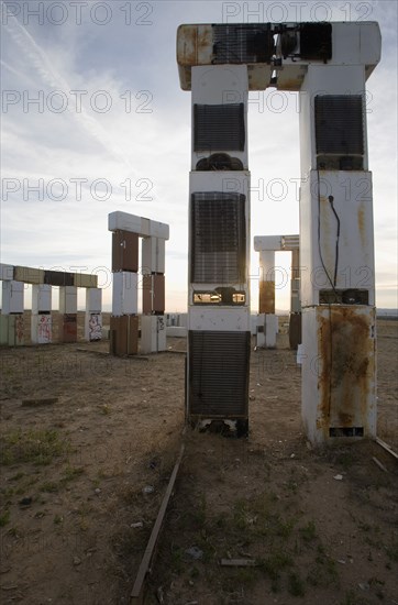 USA, New Mexico, Santa Fe, Stonefridge a life sized replica of Stonehenge made out of recycled fridges by local artist and filmmaker Adam Horowitz