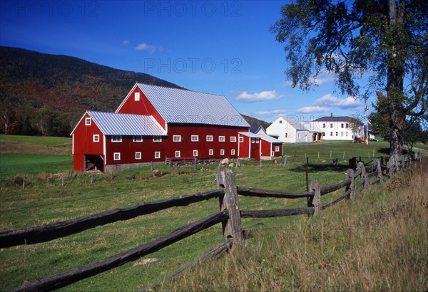 USA, New Hampshire, Colebrook, "Large red barn in a field, white farm house in the distance."