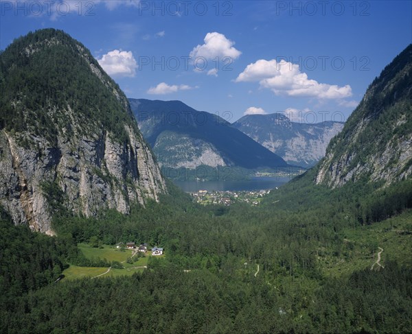 AUSTRIA, Salzburg, Dachstein, "Waldbach Valley covered in trees, Village of Lahn by lake of Hallstattsee."