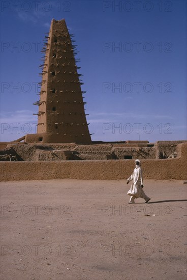 NIGER, Agades, The Grand Mosquee.  Originally built in 1515 and then renovated and rebuilt in 1844 in the original style with wooden support beams protruding from single minaret.