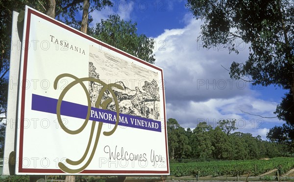 AUSTRALIA, Cradoc, Sign post for Panorama Vineyard in the scenic Huon River region south west of Hobart.