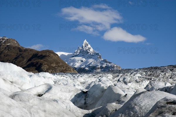 CHILE, Southern Patagonia, Glacier Chico, View of Glacier Chico with unnamed peak in background. Trek from Glacier Chico (Chile) to El Chalten (Argentina)