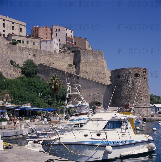 FRANCE, Corsica, Calvi, View over harbour toward the Citadel.