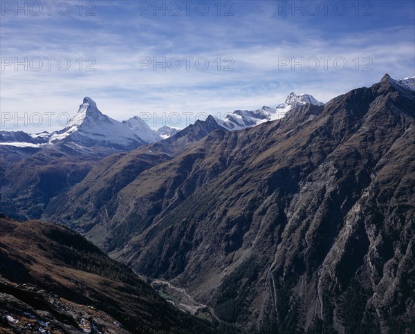 SWITZERLAND, Valais, Matterhorn, "South Mattertal with view of left to right, Matterhorn 4478metres ( 14665ft ) Unter Gabelhorn 3582metres   11747ft ) Mettelhorn 3406metres ( 11154ft )"