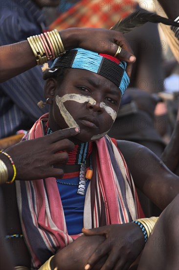 ETHIOPIA, Lower Omo Valley, Tumi, "Hama Jumping of the Bulls initiation ceremony, Face painting with a mixture of clay, oils and plant pigments"