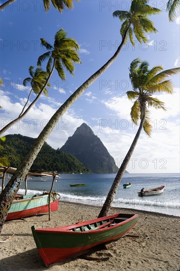 WEST INDIES, St Lucia, Soufriere, Fishing boats on the beach lined with coconut palm trees with the town and the volcanic plug mountain of Petit Piton beyond