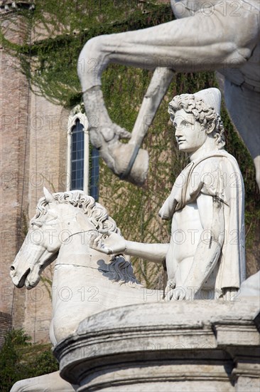 ITALY, Lazio, Rome, The restored classical statues of the Dioscuri Castor and Pollux at the top of the Cordonata on the Capitoline