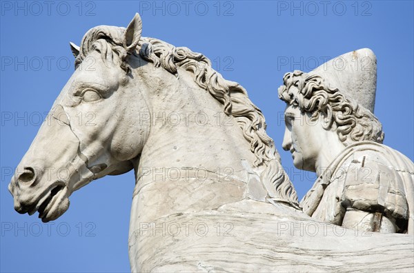 ITALY, Lazio, Rome, One of the restored classical statues of the Dioscuri Castor and Pollux at the top of the Cordonata on the Capitoline