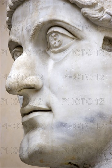 ITALY, Lazio, Rome, Palazzo Dei Conservatore courtyard part of the Capitoline Museums with a giant marble head from an ancient 4th Century colossus statue of Emperor Constantine I