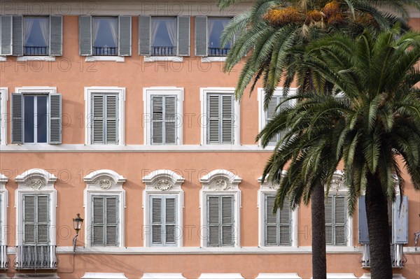 ITALY, Lazio, Rome, Palm trees in front of a pink building with pale blue shuttered windows in Piazza di Spagna