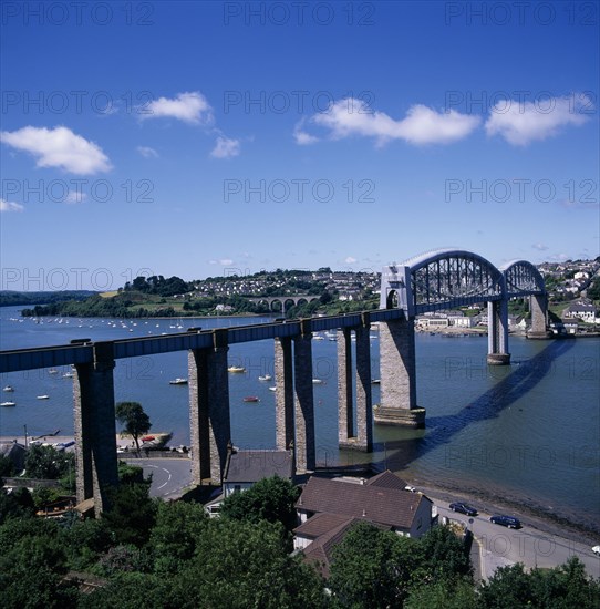 ENGLAND, Devon, Plymouth, Royal Albert Bridge designed by Brunel and finished in 1859.  Carries Cornish Main Line across the River Tamar between Plymouth and Saltash.