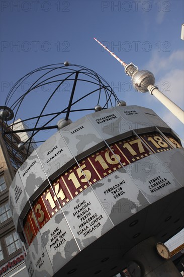 Germany, Berlin, World Time Clock & Fernsehsturm.