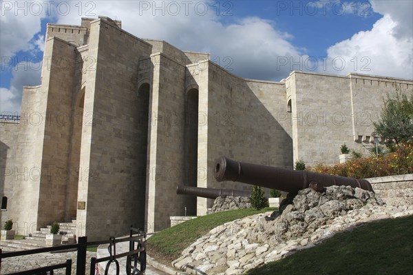 Kruja, Albania. National Museum & Castle. Albanian Shqip‘ria Southern Europe Albania Albanian Republic Europe European Travel Destination Indo European Kruja Architecture Exterior Facade Museum Castle Tourism Stone Walls Blue Castillo Castello Clouds Cloud Sky Destination Destinations History Historic