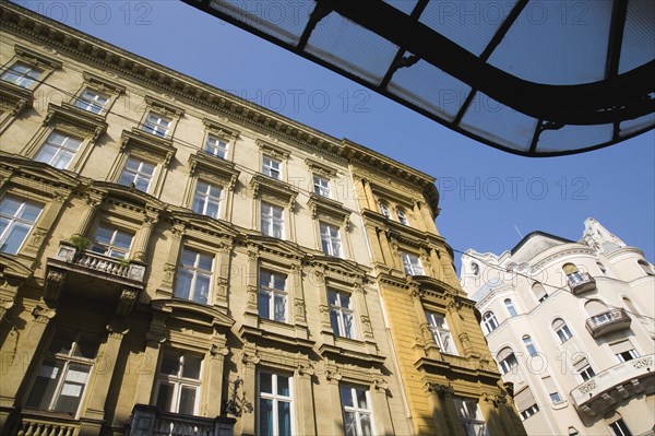 Budapest, Pest County, Hungary. Art Nouveau era apartment exterior facades. Hungary Hungarian Europe European East Eastern Buda Pest Budapest City Architecture Apartment Apartment Building Buildings Exterior Exterior Facade Art Nouveau Blue Destination Destinations Eastern Europe Flat