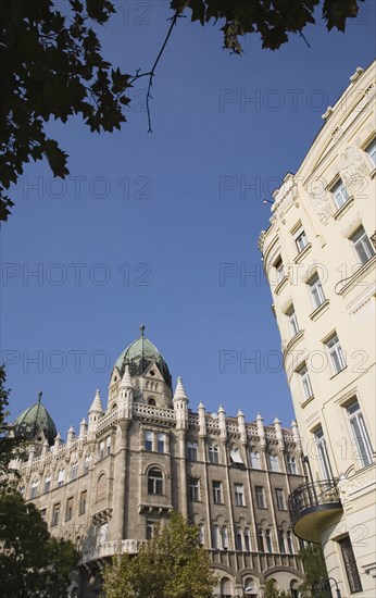 Budapest, Pest County, Hungary. Exterior facades of renovated buildings. Hungary Hungarian Europe European East Eastern Buda Pest Budapest City Restored Renovated Exterior Facade Buildings Architecture Blue Destination Destinations Eastern Europe