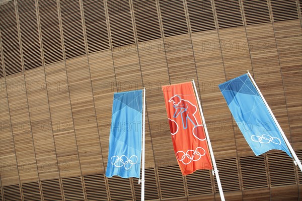 England, London, Stratford Olympic Park Exterior of the wood clad Velodrome arena. Photo : Sean Aidan