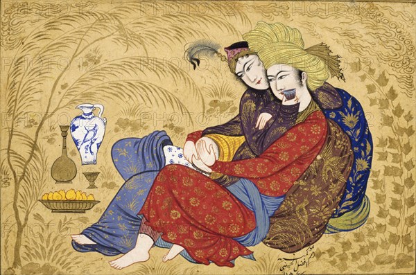 Lovers embracing and drinking wine, by Afzal-al-Husaini. Iran, mid-17th century