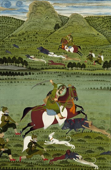 Raja Jawan Singh of Udaipur hunting wild boars. Udaipur, India, 1835