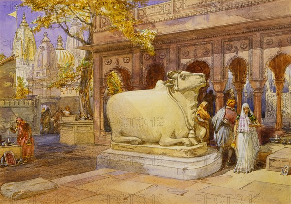 The Bull Nandi in the courtyard of the Golden Temple, by William Simpson. Benares, India, 19th century