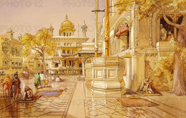 Akal Boonga at the Golden Temple at Amritsar, by William Simpson. Punjab, India, 19th century