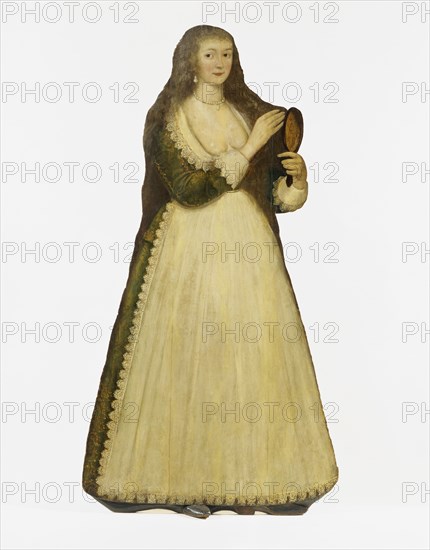 Woman holding a mirror. Kent, England, 17th century